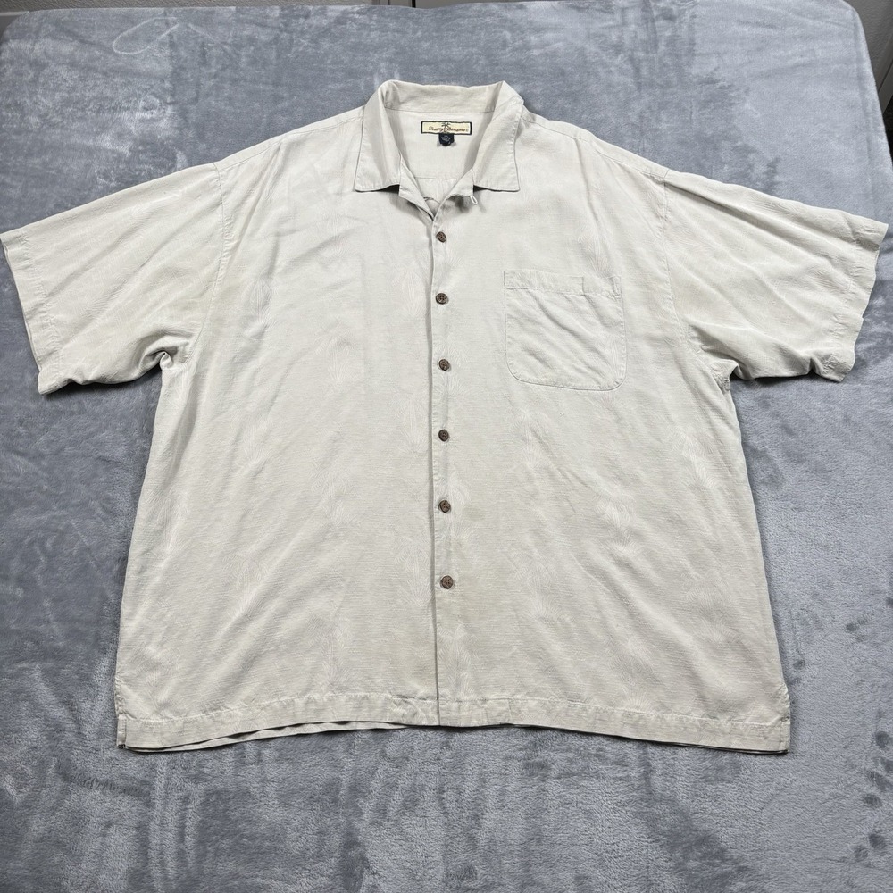 Tommy Bahama Silk Camp Shirt Mens XXL Beige Shirt Sleeve Liquid Asset Martini